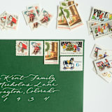 "Green & Red Vintage Holiday Postage Set, Christmas Toys and Children Playing // Set of 5 // $.86 per set" - Postage Stamps in red by Flourish Fine Writing