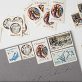 "Dogsledding & Ice Skating Vintage Postage Set // Set of 5 // UNUSED // Blues" - Postage Stamps in blue by Flourish Fine Writing