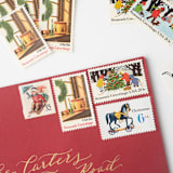 "Sledding and Christmas Toys Postage Set // Set of 5 // UNUSED // Vintage Holiday Stamps" - Postage Stamps in red by Flourish Fine Writing