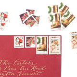 "Red Vintage Holiday Postage Set -  2 ounce postage value per envelope, Wreath and Toys" - Postage Stamps in red by Flourish Fine Writing