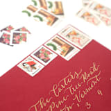 "Red Vintage Holiday Postage Set -  2 ounce postage value per envelope, Wreath and Toys" - Postage Stamps in red by Flourish Fine Writing