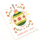 "Forever Holiday Joy Ornament Postage Stamps // Green Ornament And Pink Flowers // UNUSED" - Postage Stamps in green by Flourish Fine Writing