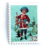 "“Child with Jumping Jack” Postage Stamps | Santa and Children Set | Contemporary Christmas Series | Vintage Unused USPS Postage 32c | Pack of 10" - Postage Stamps in green by Jennifer Kramer