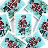 "“Child with Jumping Jack” Postage Stamps | Santa and Children Set | Contemporary Christmas Series | Vintage Unused USPS Postage 32c | Pack of 10" - Postage Stamps in green by Jennifer Kramer