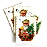 "Winter Holidays “Santa with Dog” and Christmas Tree Postage Stamps | Contemporary Christmas Series | Vintage Unused USPS Postage 34c | Pack of 10" - Postage Stamps in gold by Jennifer Kramer