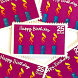 "Happy Birthday Postage Stamps | Birthday Cake Candles | Special Occasions Series | Vintage Unused USPS Postage 25c | Pack of 10" - Postage Stamps in purple by Heritage Post House
