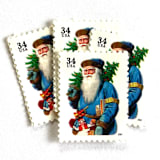 "Winter Holidays "Santa with Horn" and Blue Coat Postage Stamps | Contemporary Christmas Series | Vintage Unused USPS Postage 34c | Pack of 10" - Postage Stamps in blue by Jennifer Kramer