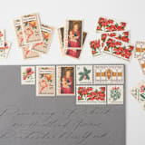 "Red and Gold Vintage Holiday Postage Set // Set of 5 // UNUSED // Bells & Angels // Botanical" - Postage Stamps in gold by Flourish Fine Writing