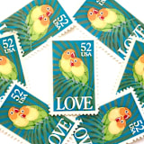 "Love Birds Postage Stamps | Love Series | Fischer’s Lovebirds | Tropical Wedding Stamps | Valentine | Vintage Unused USPS Postage 52c | Pack of 10" - Postage Stamps in green by Heritage Post House