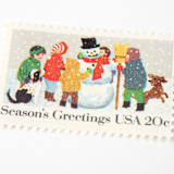 "20 Cent Season's Greetings Building a Snowman Postage Stamps // Set of 10 // UNUSED Vintage Stamps" - Postage Stamps in white by Flourish Fine Writing