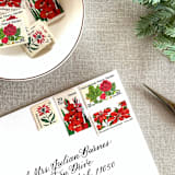 "Red Botanical Christmas Vintage Postage, 10 Sets" - Postage Stamps in red by Jennifer Kramer
