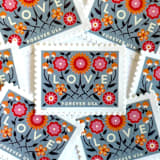 "Love 2022 Blue Background Floral Postage Stamps | Love Series | Folk Art Flowers | Wedding Stamps | Valentine | Unused USPS Forever Stamp | Pack of 10" - Postage Stamps in blue by Heritage Post House