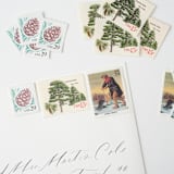 "Winter Holiday Postage Set // Set of 5 // UNUSED // Ice Fishing + Pines" - Postage Stamps in green by Flourish Fine Writing