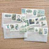 "$1.07 . Green Vintage Postage Stamp Variety Pack . Set of 5" - Postage Stamps in green by Kristen Melchor