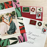 "83 cents . Christmas Wreath Vintage Postage Stamps . Set of 5" - Postage Stamps in red by Kristen Melchor