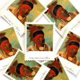 "George Catlin's "The White Cloud, Head Chief of the Iowas" Postage Stamps | Four Centuries of American Art Series | Vintage Unused USPS Postage 32c | Pack of 10" - Postage Stamps in red by Jennifer Kramer