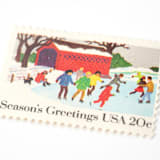 "20 Cent Season's Greetings Children Ice Skating Postage Stamps // Set of 10 // UNUSED Vintage Postage" - Postage Stamps in red by Flourish Fine Writing