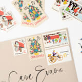 "20 Cent Season's Greetings Children Ice Skating Postage Stamps // Set of 10 // UNUSED Vintage Postage" - Postage Stamps in red by Flourish Fine Writing