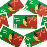 "Love You Postage Stamps | Bird in Mailbox | Special Occasions Series | Christmas Holiday Stamps | Wedding Stamps | Vintage Unused USPS Postage 25c | Pack of 10" - Postage Stamps in green by Heritage Post House