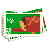 "Love You Postage Stamps | Bird in Mailbox | Special Occasions Series | Christmas Holiday Stamps | Wedding Stamps | Vintage Unused USPS Postage 25c | Pack of 10" - Postage Stamps in green by Heritage Post House