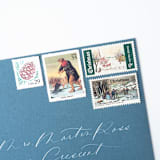 "Winter Pastimes Vintage Postage Set // Set of 5 // Ice Skating // Ice Fishing // Nature // UNUSED" - Postage Stamps in green by Flourish Fine Writing