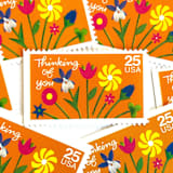 "Thinking of You Postage Stamps | Folk Art Flowers | Special Occasions Series | Valentine's Day | Wedding Stamps | Vintage Unused USPS Postage 25c | Pack of 10" - Postage Stamps in orange by Heritage Post House