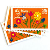 "Thinking of You Postage Stamps | Folk Art Flowers | Special Occasions Series | Valentine's Day | Wedding Stamps | Vintage Unused USPS Postage 25c | Pack of 10" - Postage Stamps in orange by Heritage Post House