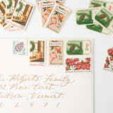 "Poinsettias & Angels Vintage Holiday Postage Set // Set of 5 // UNUSED // Red & Green" - Postage Stamps in green by Flourish Fine Writing