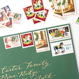 "Christmas Morning Vintage Postage Set // Set of 5 // UNUSED // Santa & Toys" - Postage Stamps in green by Flourish Fine Writing