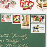 "Christmas Morning Vintage Postage Set // Set of 5 // UNUSED // Santa & Toys" - Postage Stamps in green by Flourish Fine Writing