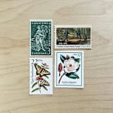 "77 cents . Floral vintage postage stamps . Set of 5" - Postage Stamps in green by Kristen Melchor