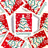 ""Christmas Tree and Greetings" Postage Stamps | Contemporary Christmas Series | Unused USPS Postage 25c | Pack of 10" - Postage Stamps in red by Heritage Post House