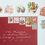 "A Vintage Christmas Postage Set // Set of 5 // $.86 per set" - Postage Stamps in red by Flourish Fine Writing
