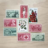"75 cents . Red & Green Vintage Postage Stamps . Set of 5" - Postage Stamps in red by Kristen Melchor