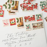 "Red & Green Christmas Vintage Postage Set // Set of 5 // UNUSED // Wreath & Sleighs" - Postage Stamps in red by Flourish Fine Writing