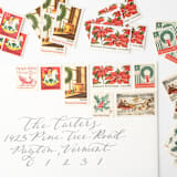 "Red & Green Christmas Vintage Postage Set // Set of 5 // UNUSED // Wreath & Sleighs" - Postage Stamps in red by Flourish Fine Writing