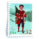 "“Child with Tree”  Postage Stamps | Santa and Children Set | Contemporary Christmas Series | Vintage Unused USPS Postage 32c | Pack of 10" - Postage Stamps in green by Jennifer Kramer