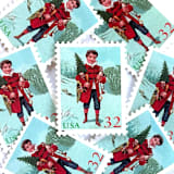 "“Child with Tree”  Postage Stamps | Santa and Children Set | Contemporary Christmas Series | Vintage Unused USPS Postage 32c | Pack of 10" - Postage Stamps in green by Jennifer Kramer