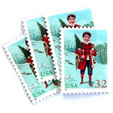 "“Child with Tree”  Postage Stamps | Santa and Children Set | Contemporary Christmas Series | Vintage Unused USPS Postage 32c | Pack of 10" - Postage Stamps in green by Jennifer Kramer