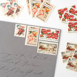 "Winter Sleigh Ride Vintage Postage Set // Set of 5 // UNUSED // Sled // Poinsettia" - Postage Stamps in red by Flourish Fine Writing