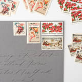"Winter Sleigh Ride Vintage Postage Set // Set of 5 // UNUSED // Sled // Poinsettia" - Postage Stamps in red by Flourish Fine Writing