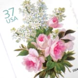 "37 Cent Pink Rose and White Lilac Garden Bouquet Postage Stamps // Set of 10 // UNUSED Vintage Stamps" - Postage Stamps in pink by Flourish Fine Writing