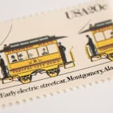 "20 Cent Early Electric Streetcar, Montgomery, Ala, 1886 Postage Stamps // Set of 10 // UNUSED Vintage Stamps" - Postage Stamps in yellow by Flourish Fine Writing