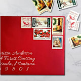 "Holiday Vintage Postage Set | Christmas Greetings | One Ounce | Set of 5" - Postage Stamps in red by The Silver Stamps