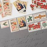 "Christmas Botanicals Vintage Postage Set // Set of 5 // UNUSED // Angels // Poinsettias" - Postage Stamps in gold by Flourish Fine Writing