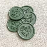 "Ornamental heart self-adhesive wax seal in olive green | Set of 10" - Wax Seals in green by Maria Ferrer G.