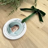 "Personalized Baby Photo Ornament - Vintage Ribbon" - Ornaments in white by Holly Whitcomb