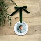 "Personalized Baby Photo Ornament - Vintage Ribbon" - Ornaments in white by Holly Whitcomb