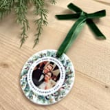 "Personalized Newlywed Photo Ornament, Painted Wreath" - Ornaments in white by Holly Whitcomb