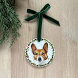 "Hand-Painted Pet Portrait Ornament with Wreath Border" - Ornaments in white by Holly Whitcomb